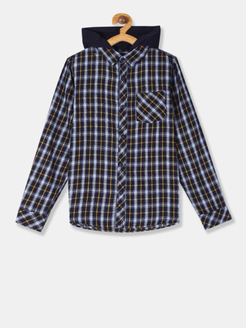 

Cherokee Boys Navy Blue & White Regular Fit Checked Hooded Casual Shirt