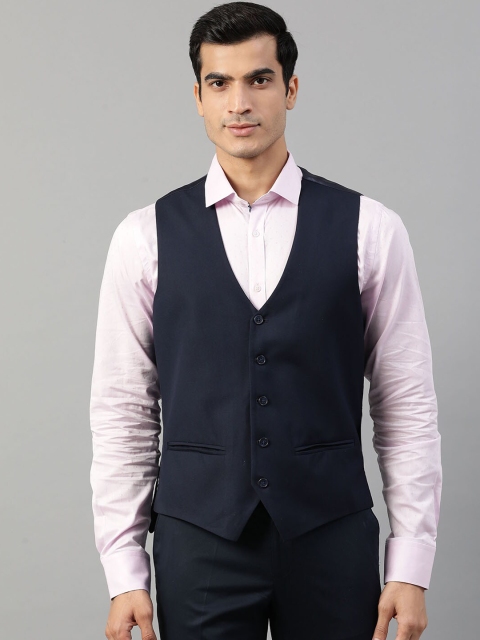 

HARSAM Men Navy Blue Solid Pure Cotton Waistcoat
