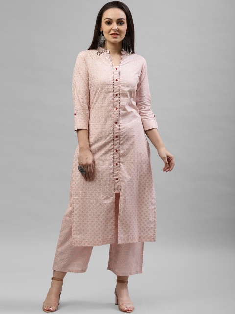 

KASSUALLY Women Pink & White Printed Kurta with Trousers