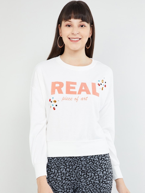 

max Women White & Peach-Coloured Printed Sweatshirt