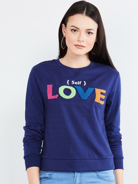 

max Women Navy Blue Printed Cotton Sweatshirt