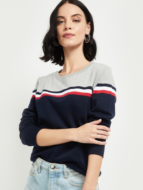 

max Women Navy Blue & Grey Colourblocked Sweatshirt