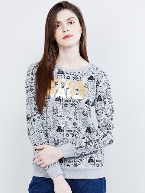 

max Women Grey & Navy Blue Printed Pullover Sweatshirt