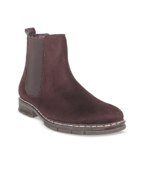 

Vardhra Men Maroon Solid Suede High-Top Flat Boots