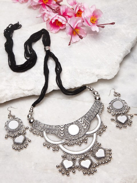 

Moedbuille Silver-Toned Mirror-Studded Layered Jewellery Set