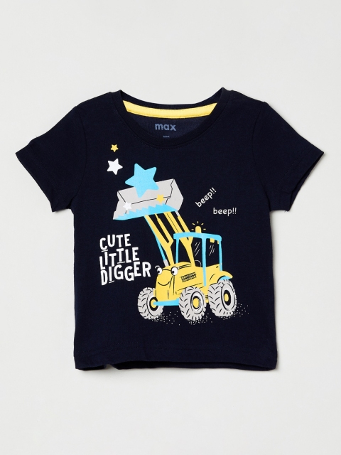 

max Boys Navy Blue & Yellow Printed Round Neck T-shirt