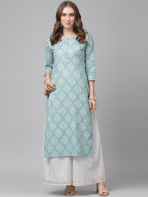 

KASSUALLY Women Green & White Printed Kurta with Palazzos