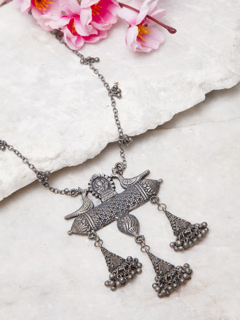 

Moedbuille Handcrafted Gunmetal-Toned & German Silver Tasselled Oxidised Necklace, Metallic