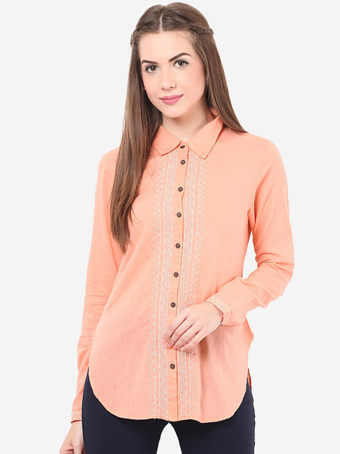 

Porsorte Women Peach-Coloured & White Embroidered Formal Shirt