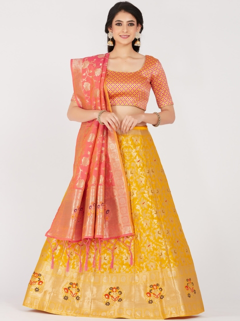 

MIMOSA Women Yellow & Peach Woven Design Unstitched Lehenga & Semi-Stitched Blouse with Dupatta