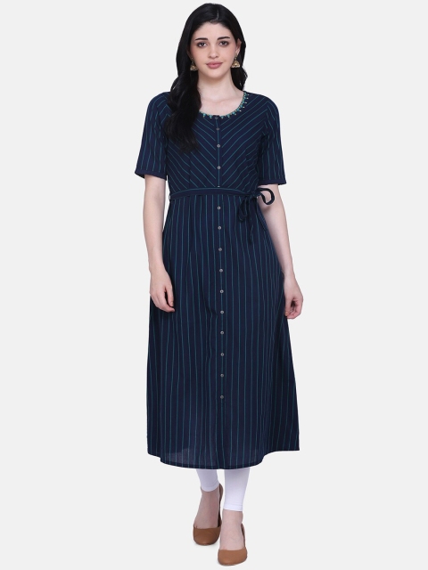 

Saanjh Women Navy Blue Striped A-Line Kurta