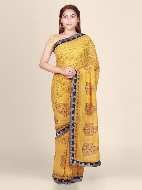 

CLAI WORLD Yellow Printed Pure Chiffon Saree