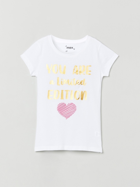 

max Girls White & Gold-Coloured Glitter Printed Round Neck T-shirt