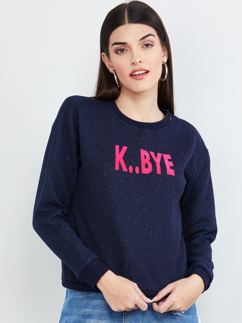 

max Women Navy Blue & Pink Printed Pullover Sweatshirt