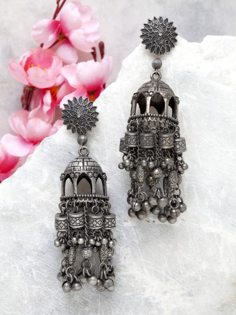 

Moedbuille Silver-Plated Handcrafted Chandelier Tasselled Dome Shaped Jhumkas