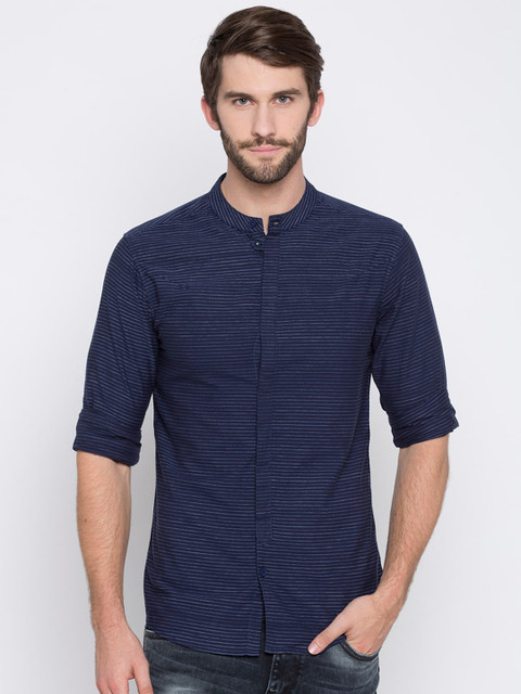 

SPYKAR Men Navy Blue & Grey Slim Fit Striped Casual Shirt
