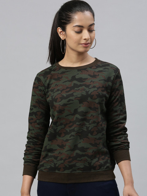 

Kryptic Women Olive Green & Brown Camouflage Printed Sweatshirt