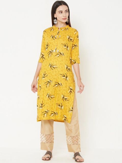 

FASHOR Women Mustard Yellow Printed Straight Kurta