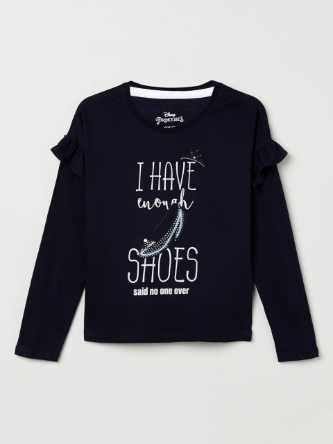 

max Girls Navy Blue Printed Round Neck T-shirt