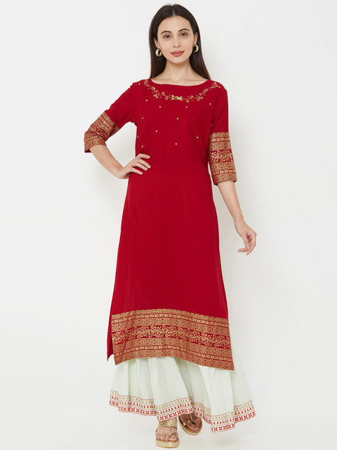 

FASHOR Women Red Embroidered Straight Kurta