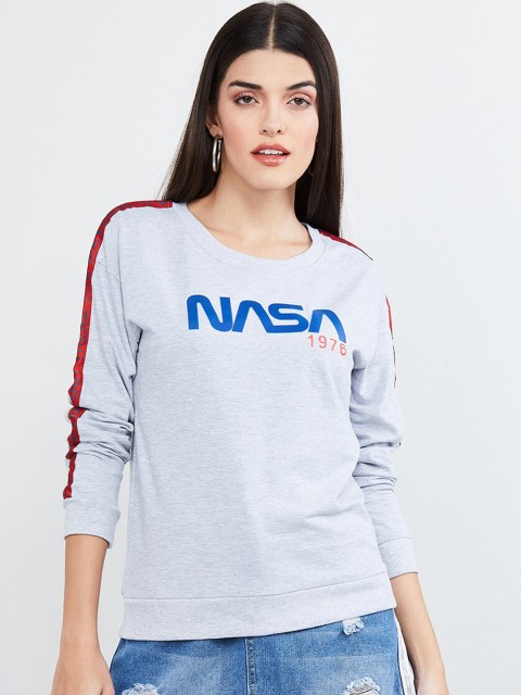 

max Women Grey & Blue Printed Pullover Sweatshirt