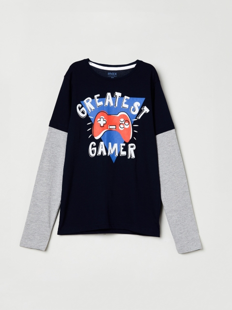 

max Boys Navy Blue Printed Round Neck T-shirt