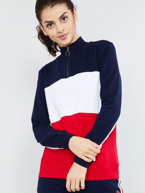 

max Women Navy Blue & White Colourblocked Sweatshirt