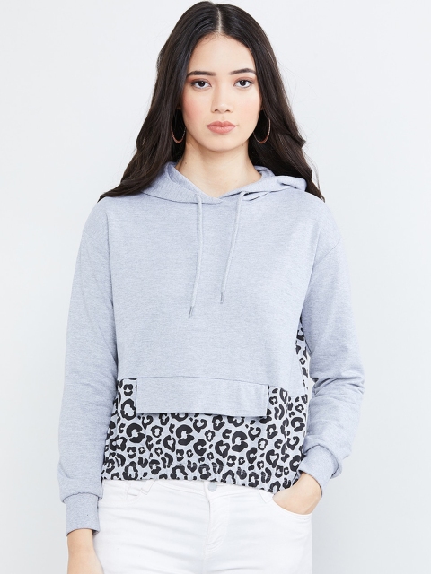 max Women Grey & Black Printed Hooded Pullover Sweatshirt