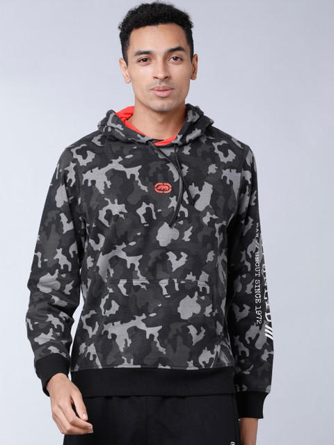 

Ecko Unltd Men Black & Grey Printed Hooded Sweatshirt