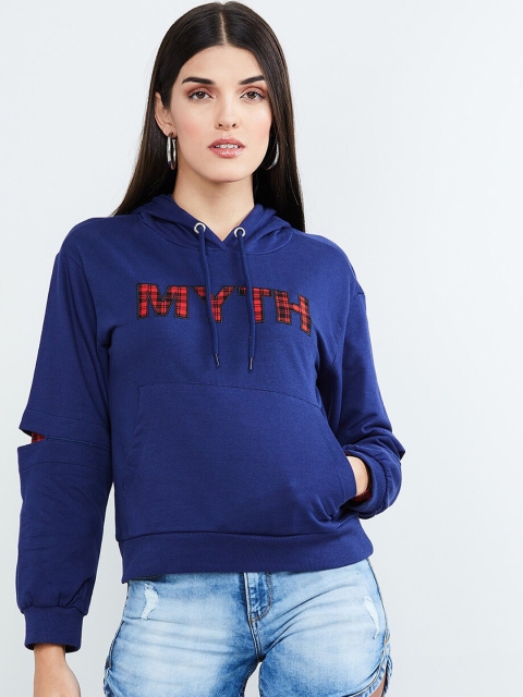 

max Women Navy Blue Printed Hooded Sweatshirt