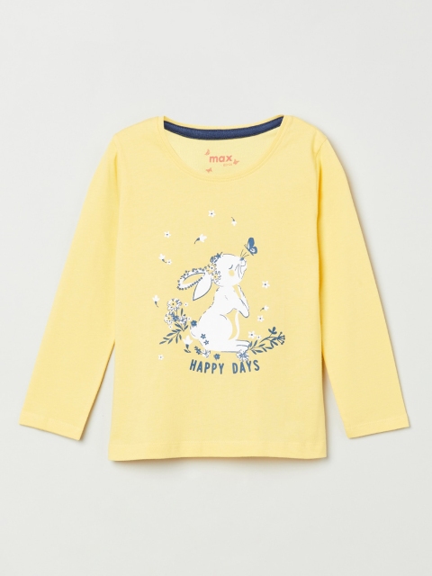 

max Girls Yellow & Off-White Printed Round Neck T-shirt