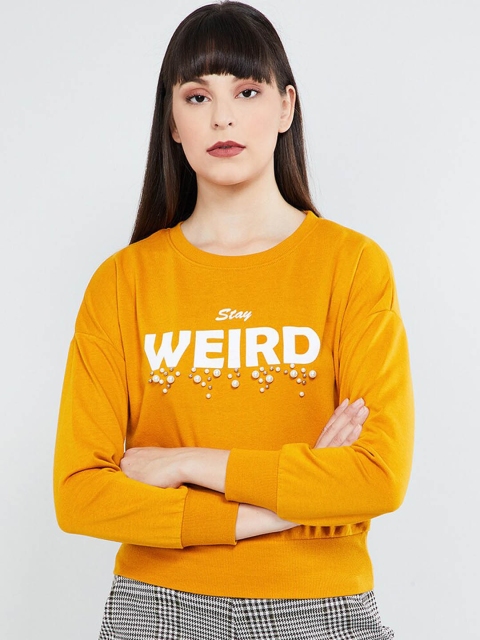 

max Women Mustard Yellow & White Printed Pullover Sweatshirt