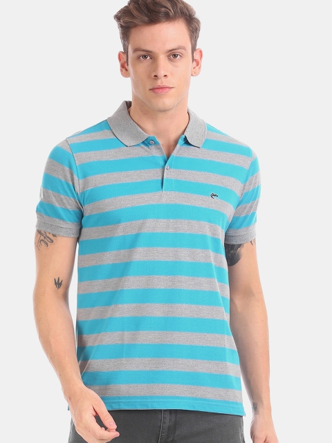 

Ruggers Men Blue Grey Striped Polo Collar Pure Cotton T-shirt