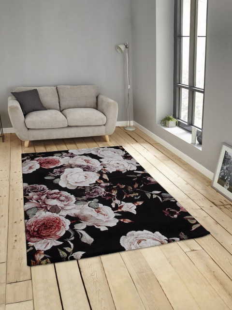 

OBSESSIONS Black & Green Floral Printed Anti-Skid Carpet