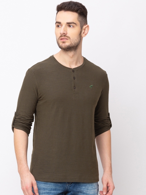 

Globus Men Olive Green Solid Henley Neck T-shirt