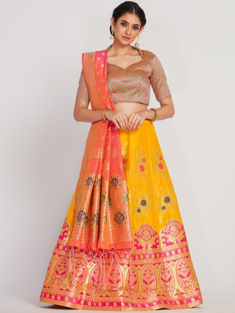 

MIMOSA Women Coral-Red & Yellow Woven-Design Semi-Stitched Lehenga With Unstitched Blouse & Dupatta