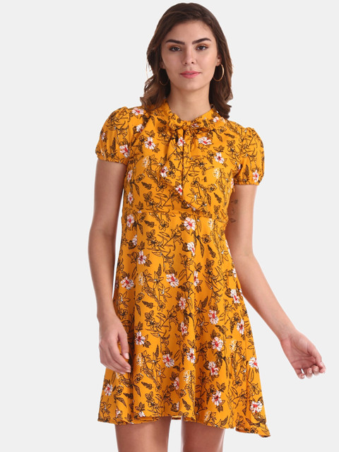 

Sugr Women Mustard Yellow Floral Printed A-Line Dress