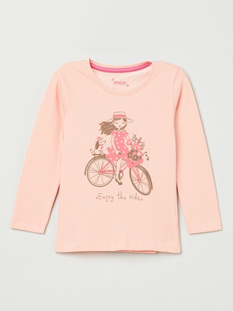

max Girls Peach-Coloured Printed Round Neck T-shirt