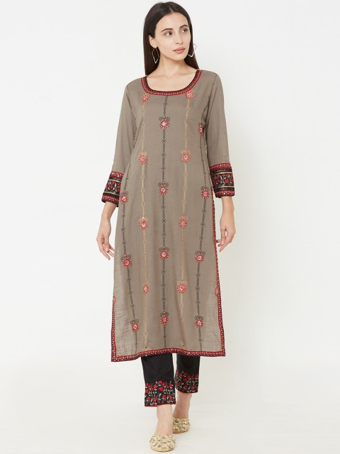 

FASHOR Women Brown & Red Embroidered Kurta with Trousers & Dupatta