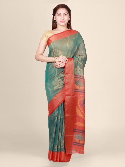 

CLAI WORLD Green & Red Handloom Brasso Woven Design Saree