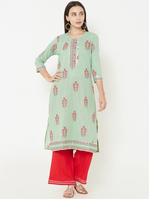 

FASHOR Women Green Embroidered Kurta with Trousers