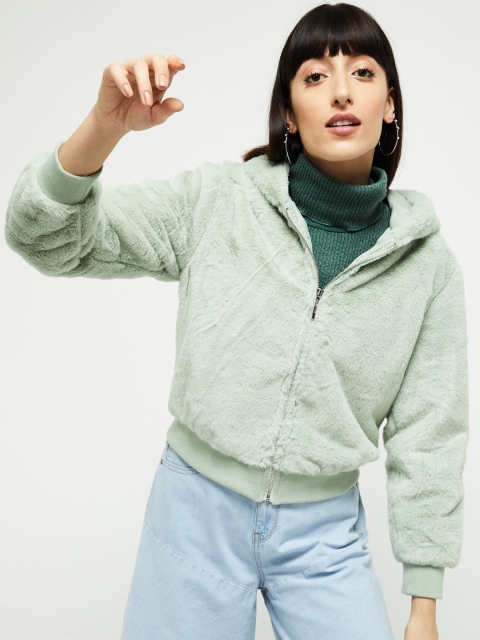 

max Women Green Solid Faux Fur Hooded Sweatshirt