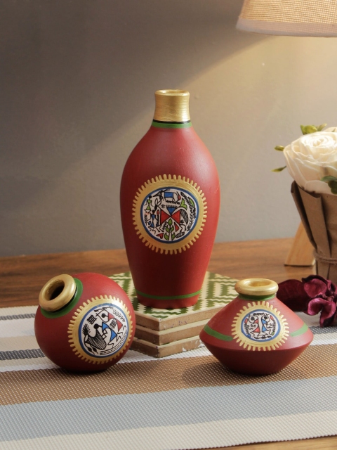 

Aapno Rajasthan Set of 3 Worli Style Hand-Painted Terracotta Vases, Red