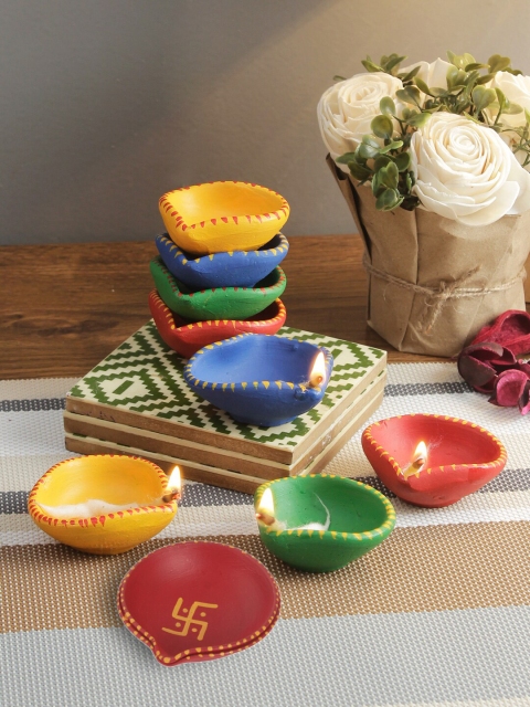 

Aapno Rajasthan Set Of 11 Multicolored Hand-Painted Terracotta Diyas, Multi