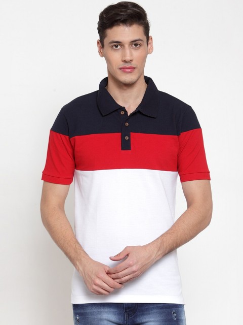 

Kalt Men Red & White Colourblocked Polo Collar T-shirt