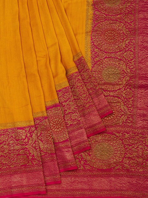 

Vijayalakshmi Silks Mustard Yellow & Pink Pure Silk Solid Tussar Saree