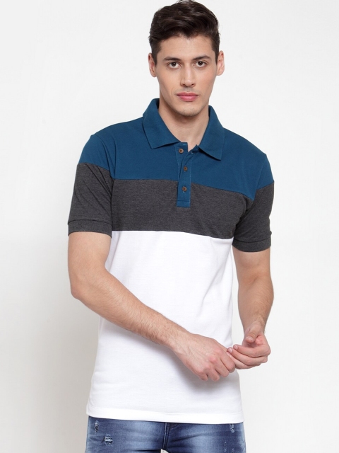 

Kalt Men Teal Blue & White Colourblocked Polo Collar T-shirt