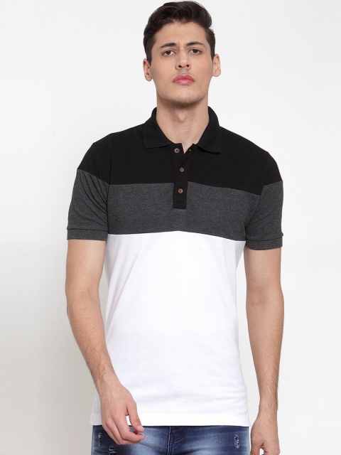 

Kalt Men Teal Blue & White Colourblocked Polo Collar T-shirt, Black