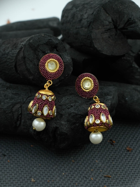 

Silvermerc Designs Gold-Plated & Maroon Dome Shaped Jhumkas