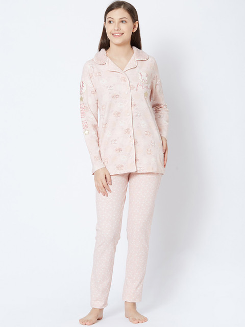 

Sweet Dreams Women Baby Pink & White Printed Night suit